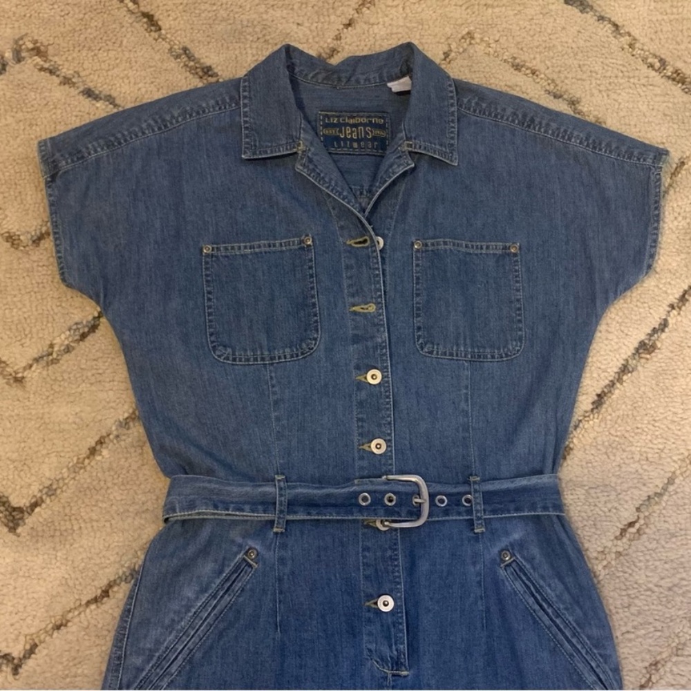 Vintage Liz Claiborne Denim Jumpsuit Romper Belted Utility 90s Blue Medium - Picture 3 of 11